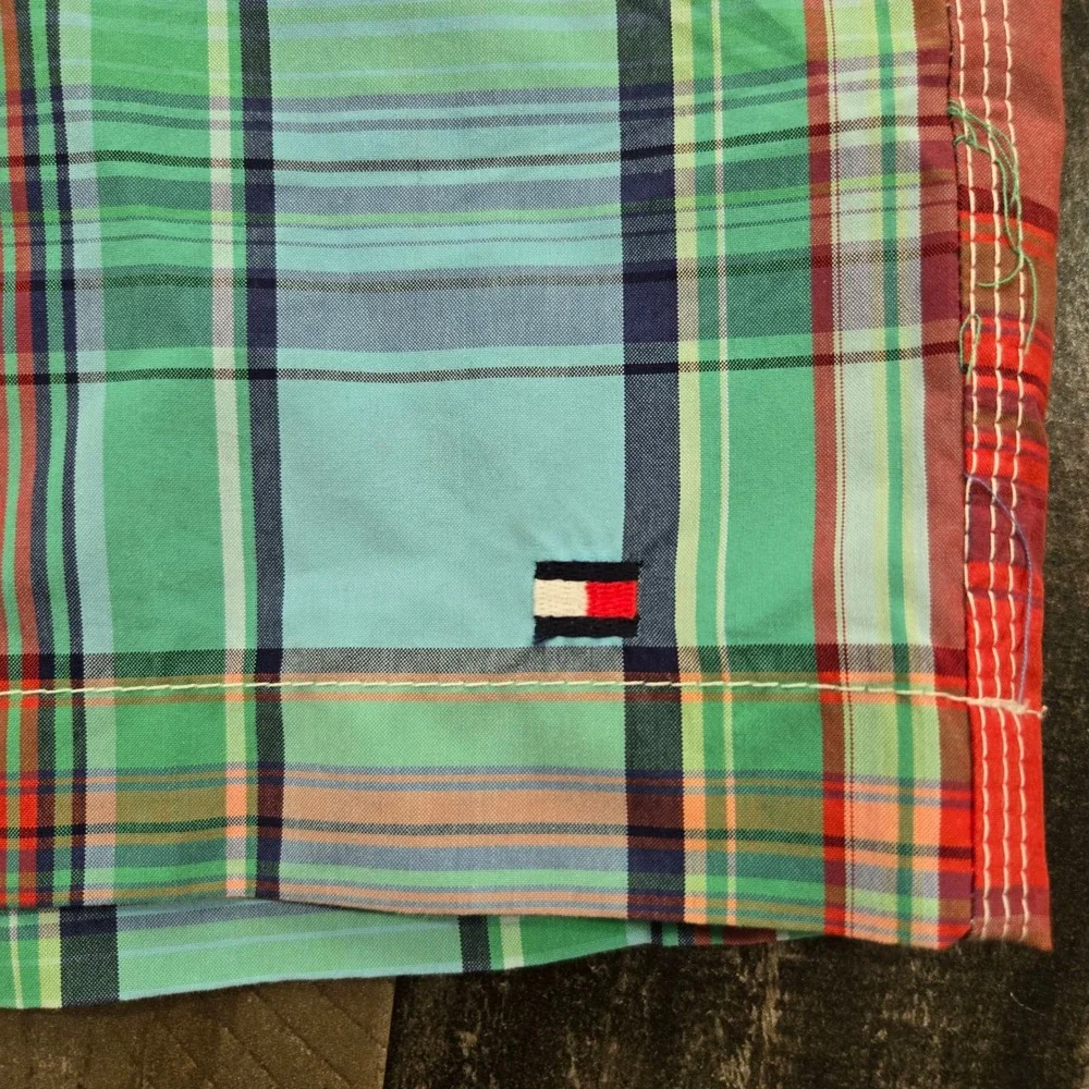 Vintage 2010s Tommy Hilfiger Madras Plaid Swim Trunks Board Shorts MeshLined XXL